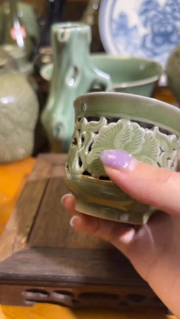 杯青瓷牡丹纹镂空杯微瑕福利