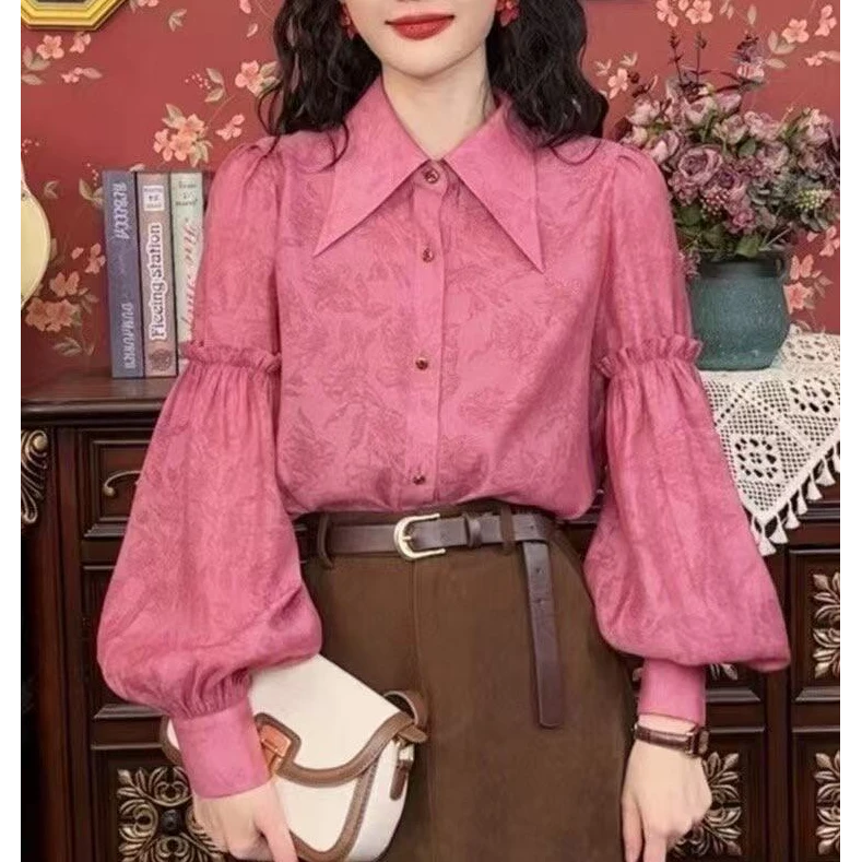 复古港风衬衫女时尚设计感小众泡泡袖别致小衫长袖上衣潮【3926】
