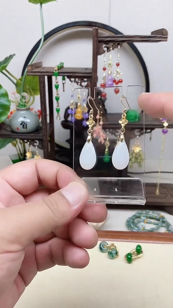 和田玉14K金镶嵌耳饰88号