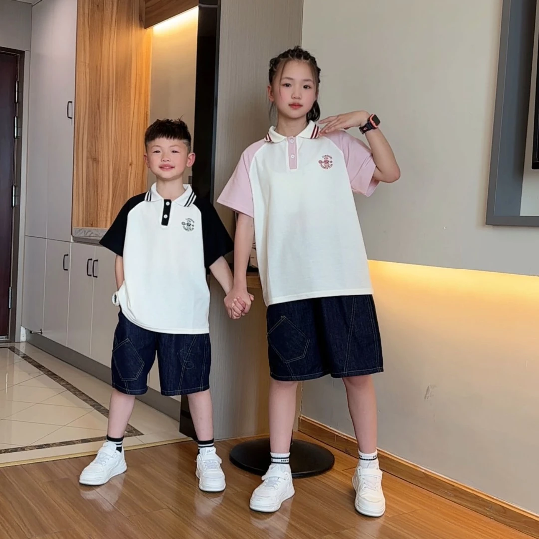 姐弟装夏季POLO衫撞色宽松短袖上衣T恤儿童中大童中裤牛仔裤套装