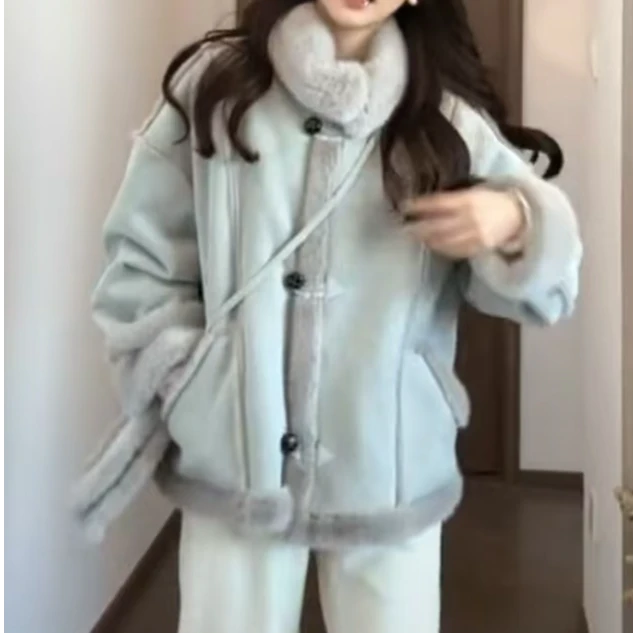 【送包包】时尚慵懒风设计感拼接立领机车服冬季新款