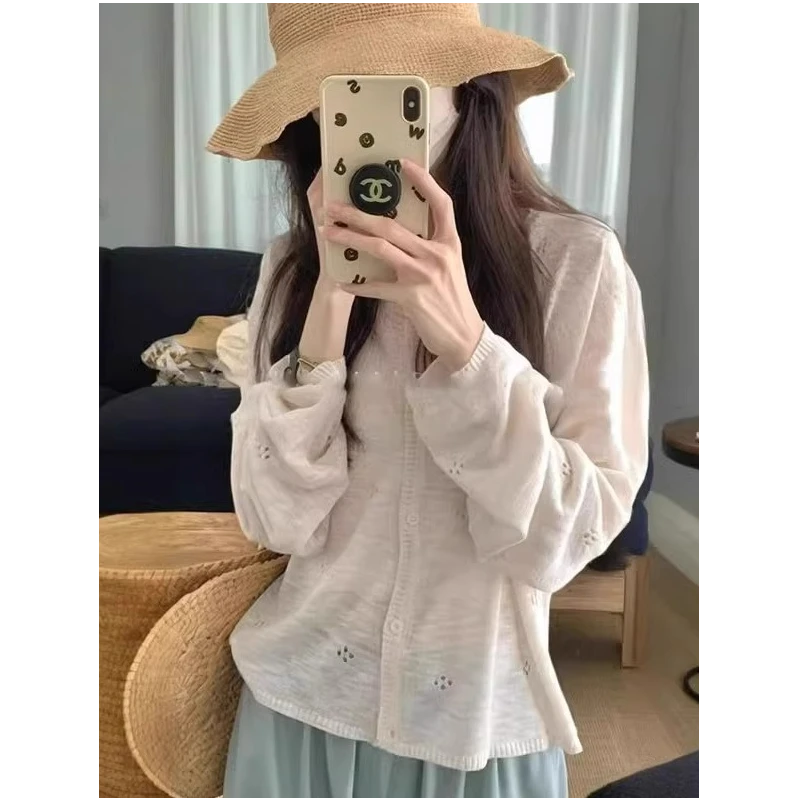 法式镂空钩花针织开衫外套女夏季薄款宽松慵懒风空调防晒长袖上衣