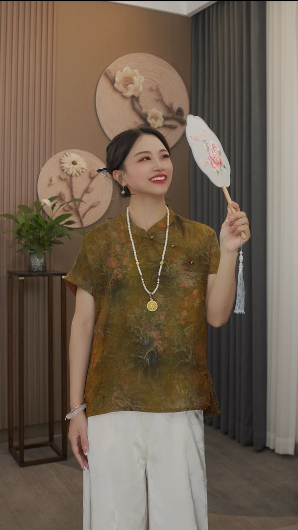 柒玥原创【西风翠】2025时尚经典女装严选新中式盘扣国风落肩上衣