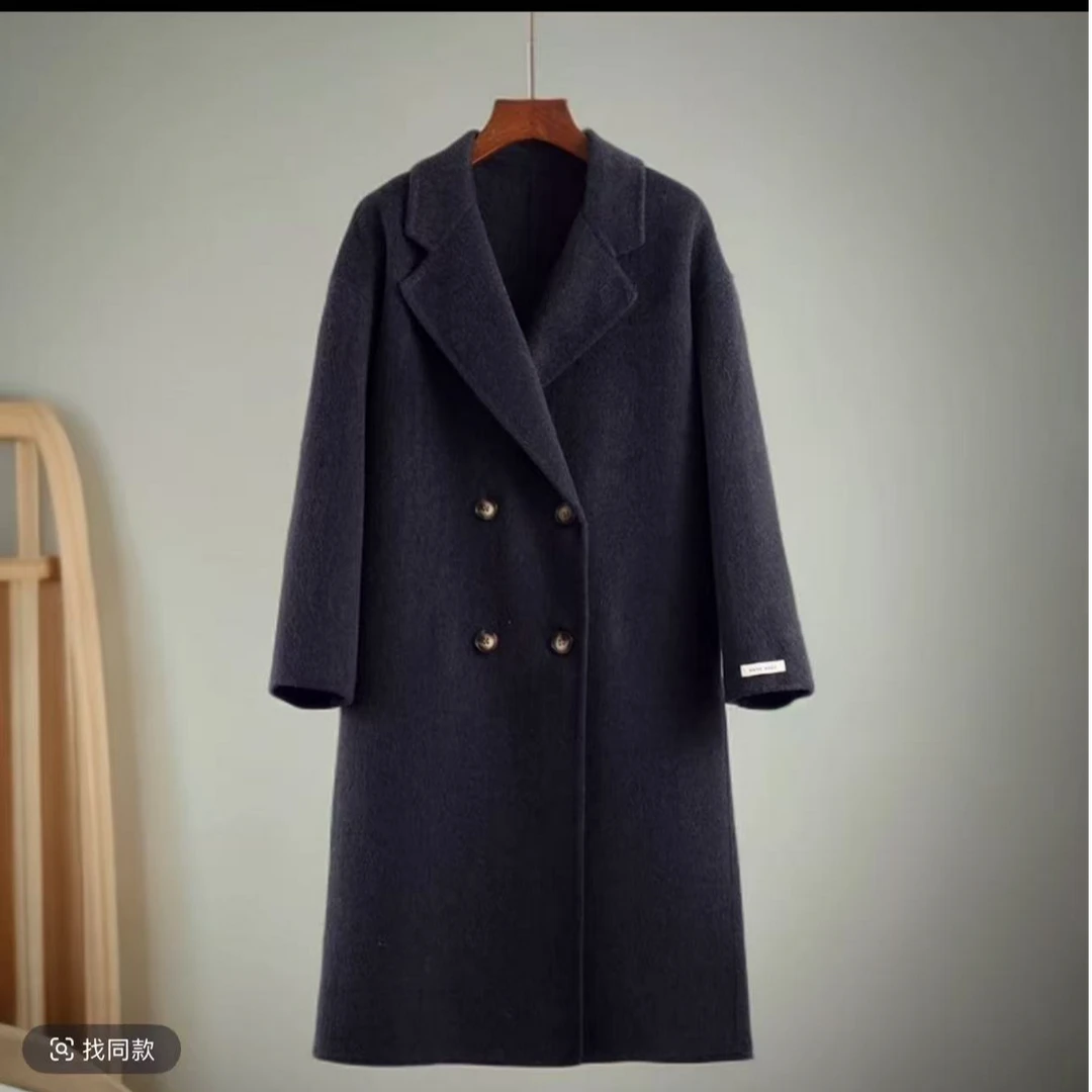 秋冬女士长款羊毛翻领双排扣通勤气质优雅手工羊毛大衣