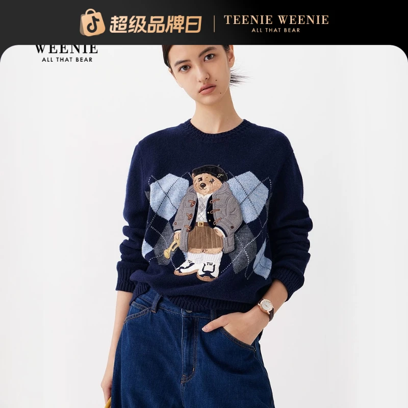 TeenieWeenie小熊25秋新款菱形格提花合身圆领毛衣TTKW258TCFK