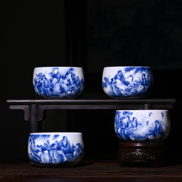 景德镇九段烧妙手青花大号福禄寿喜套组（1套4杯）茶杯家用陶瓷高档