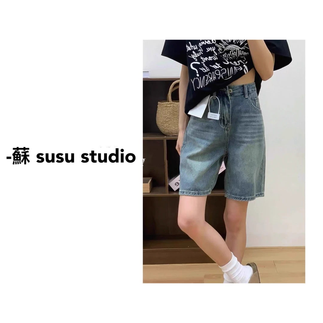 蓝色高腰五分牛仔短裤夏新款小个子宽松阔腿显瘦百搭直筒1030