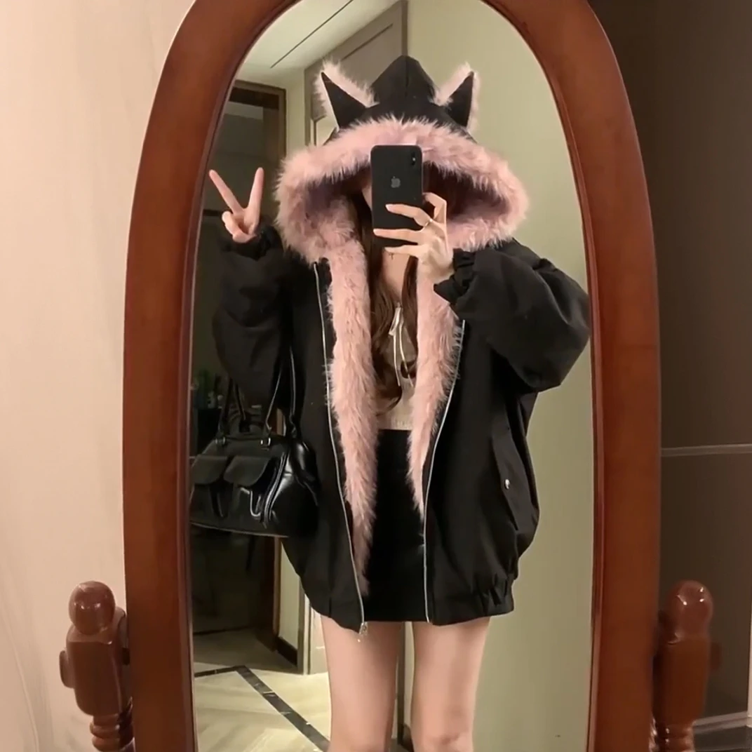 胖mm大码女装美式双面穿毛绒连帽棉服女加厚保暖猫耳朵帽棉衣外套
