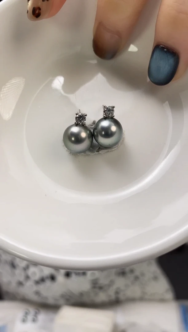 银S925镶嵌耳饰海水珍珠10-11大溪地黑珍珠耳饰