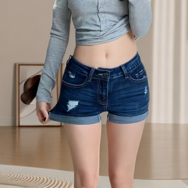 复古水洗磨破卷边牛仔超短裤女夏季小个子做旧低腰百搭包臀热裤子