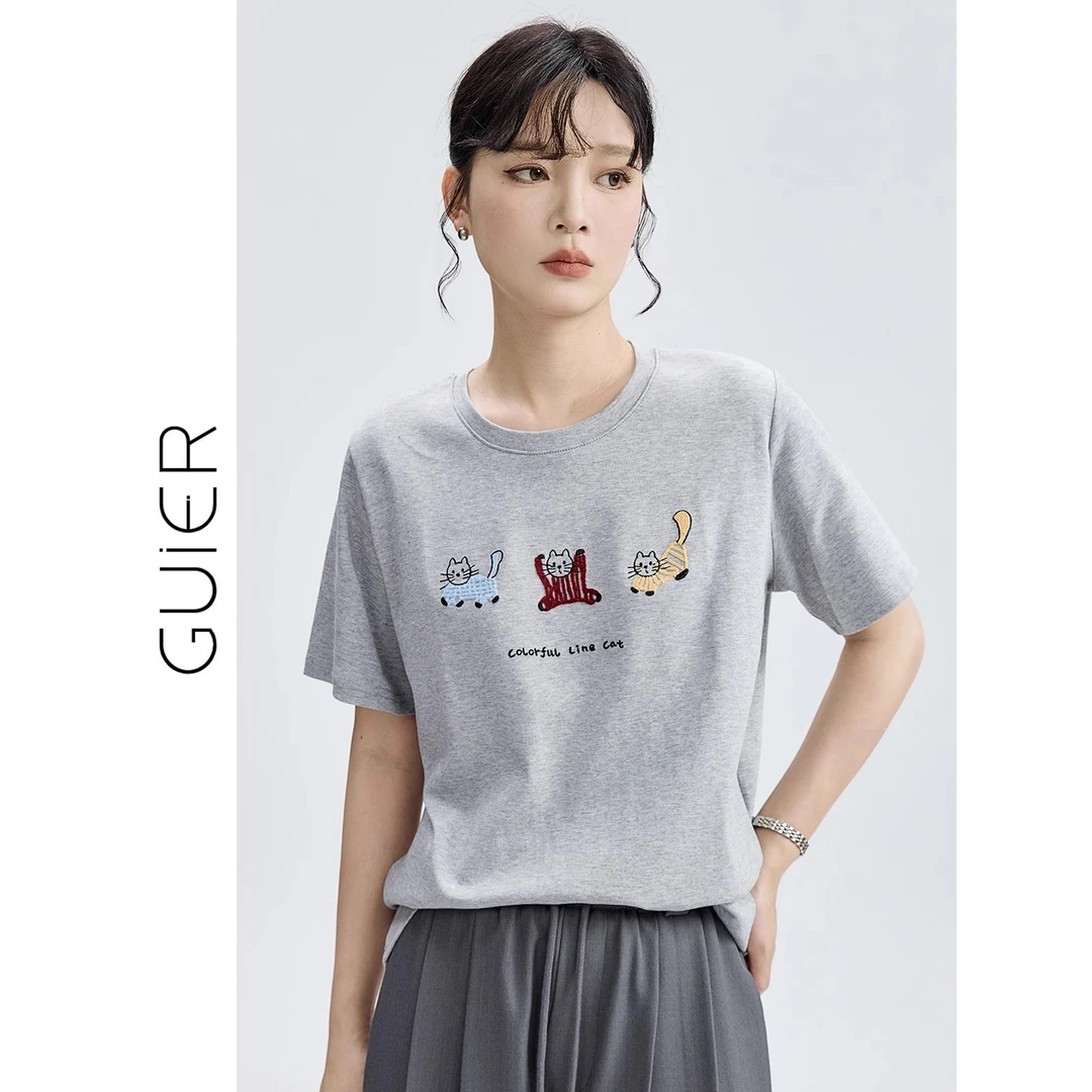 猫咪刺绣短袖T恤女宽松显瘦休闲百搭灰色圆领上衣G5917