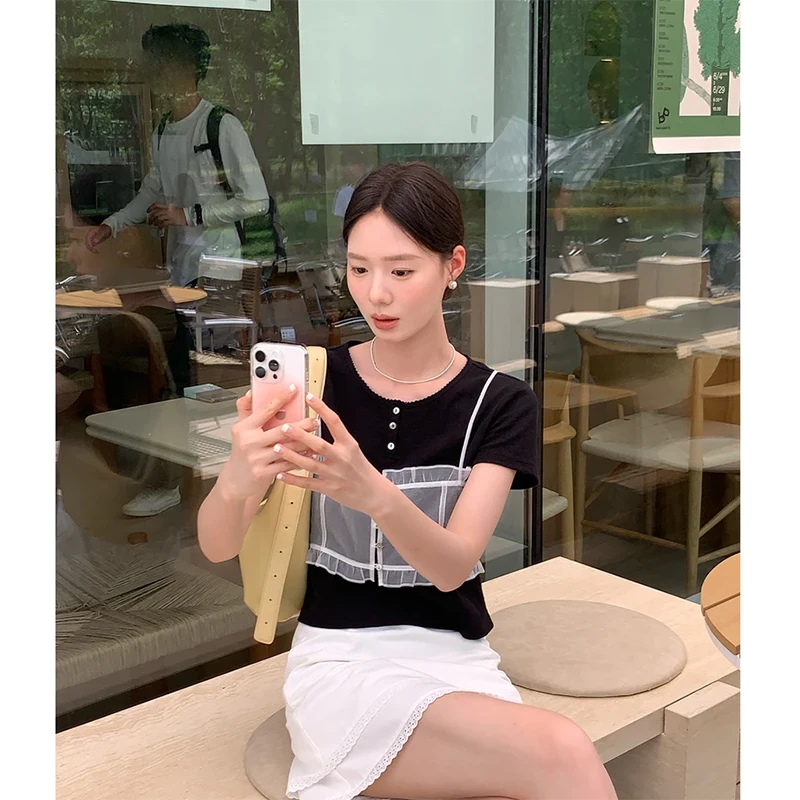 真两件优雅网纱感吊带性感T恤2025设计感时尚显瘦小香风时尚上衣