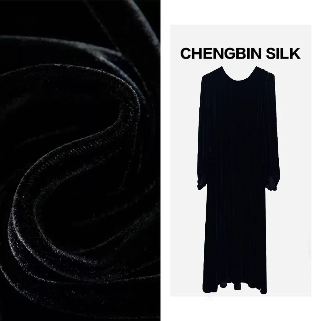 早秋新款重磅桑蚕丝丝绒长袖圆领拉链长款连衣裙气质192820