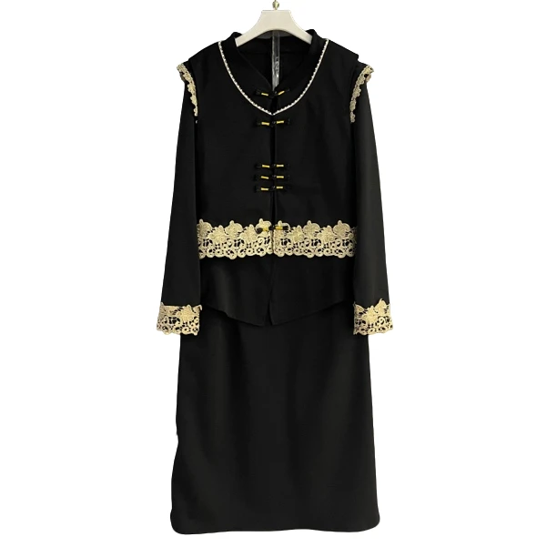 大码女装新中式复古国风盘扣马甲外套高腰半身裙时尚气质两件套