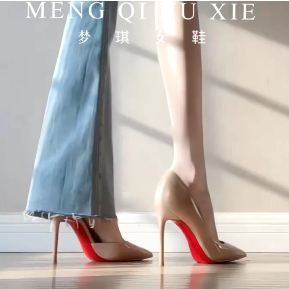 裸色高跟鞋女2025新款侧空红底性感气质百搭职业尖头浅口细跟单鞋