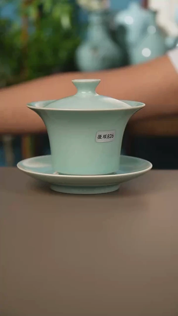 仿古粉青马蹄盖碗微暇