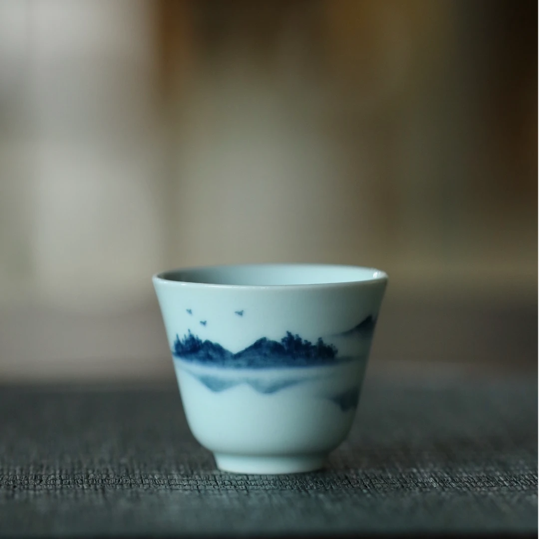 仿古陶瓷手绘山水杯品茗杯主人杯青花杯闻香杯复古功夫茶具单杯