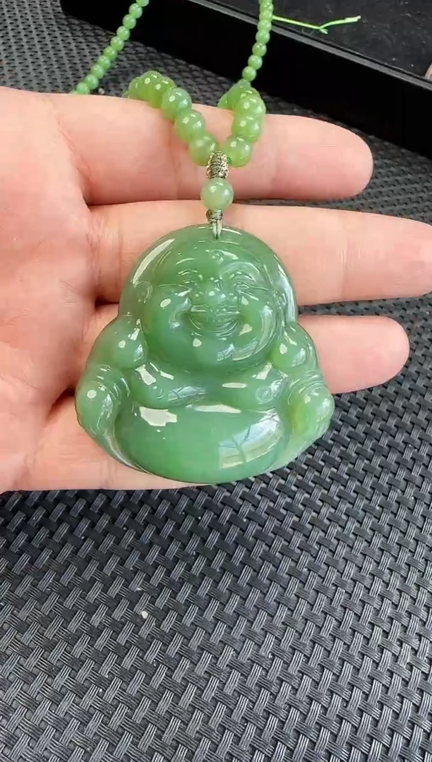 和田玉未镶嵌颈饰粉绿佛公带链子套装
