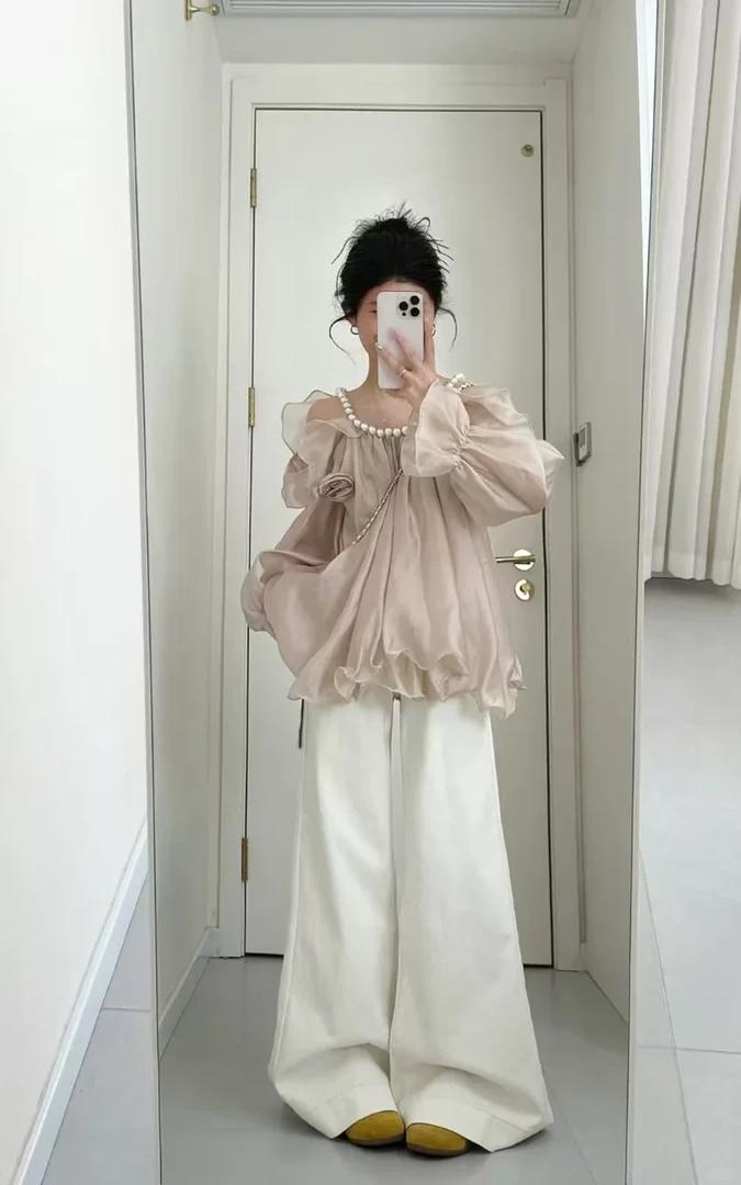 2025春夏新款韩系穿搭超仙设计感性感露肩上衣高腰阔腿裤两件套女