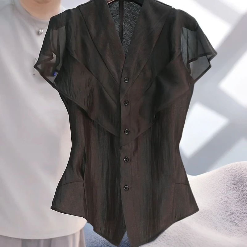 夏季新款时尚新款拼接V领收腰荷叶边气质温柔感衬衣