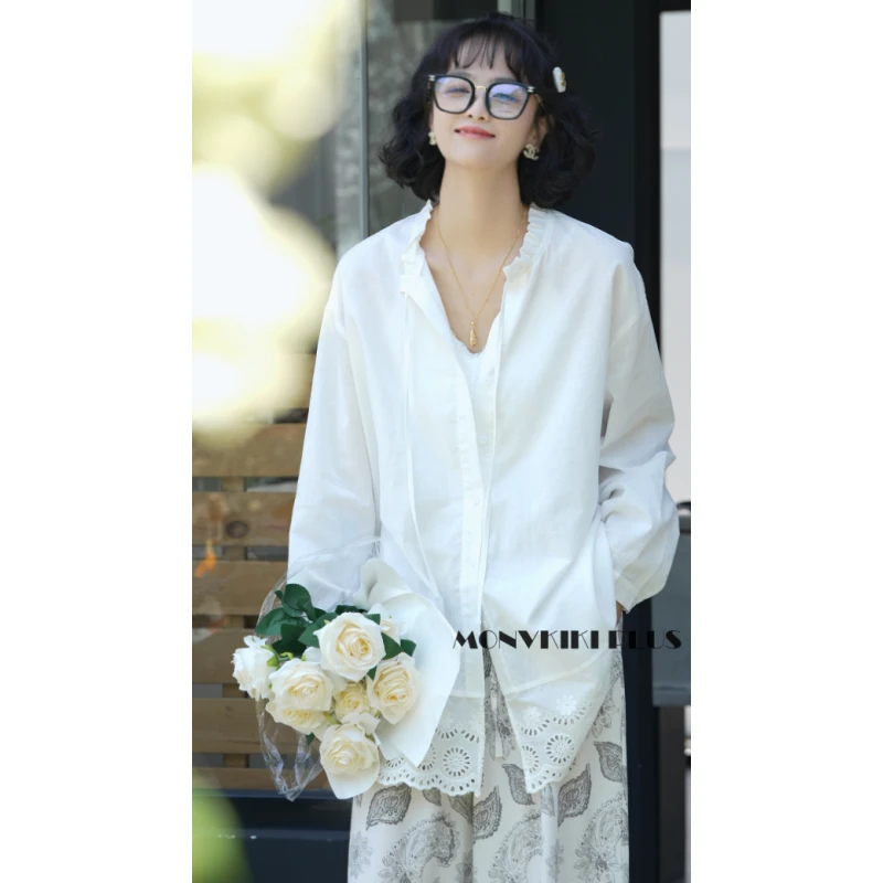 MoNvKiKiPlus2“栀子花“50%苎麻小众设计款衬衫花边休闲上衣#1010