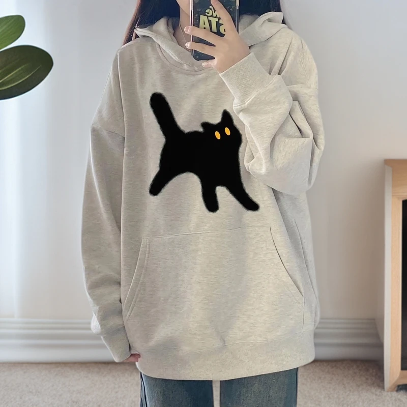 韩版超好看卡通猫咪连帽卫衣女春秋薄款宽松oversize气质百搭上衣