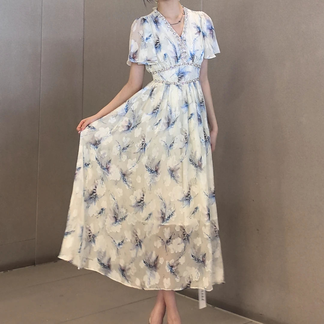 58139#法式浪漫印花镶钻拼接v领短袖连衣裙2025春夏新款优雅长裙