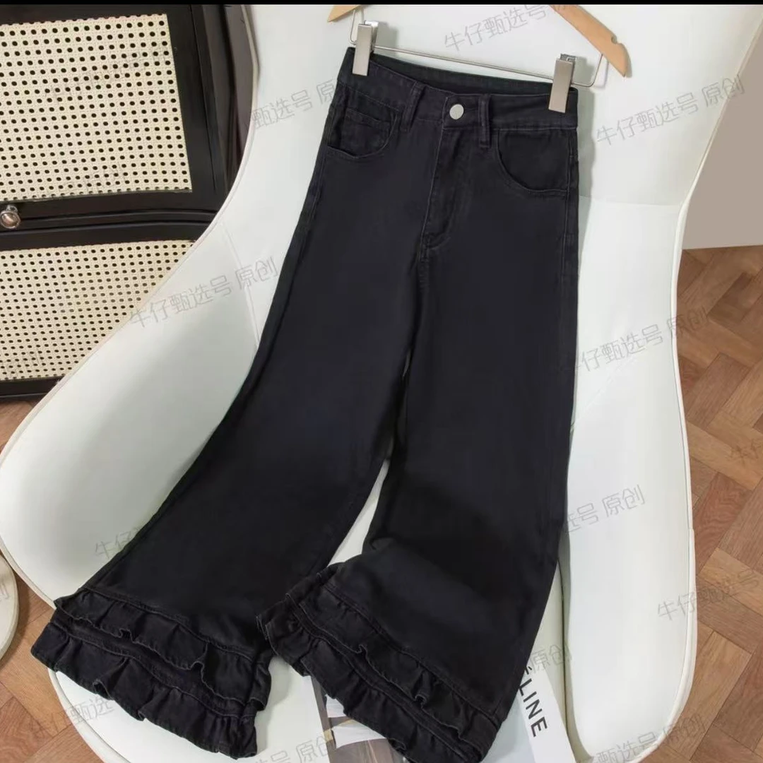 早秋大码微弹女水洗薄款牛仔裤修身直筒喇叭裤