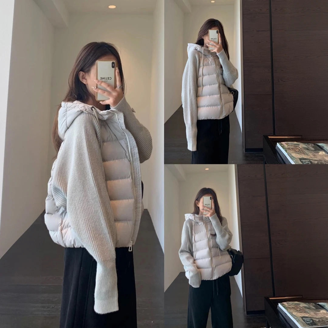 【鱼白又白】轻薄针织拼接棉服女短款2025冬季新款假两件棉衣韩版宽