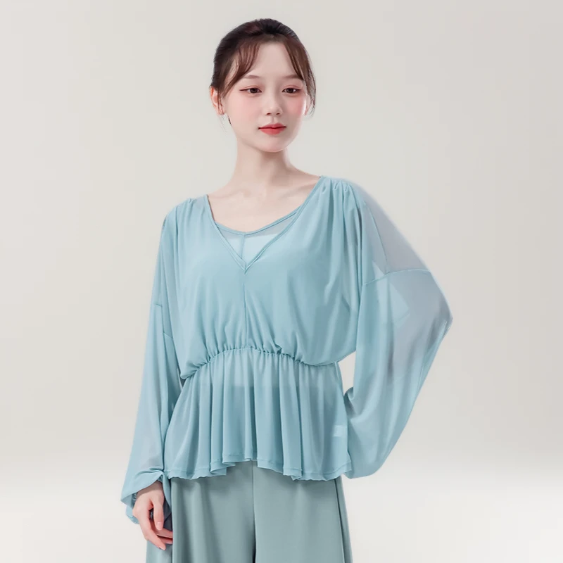 古典舞蹈服女秋新款长袖双层v领假两件纱衣飘逸身韵中国舞练功服
