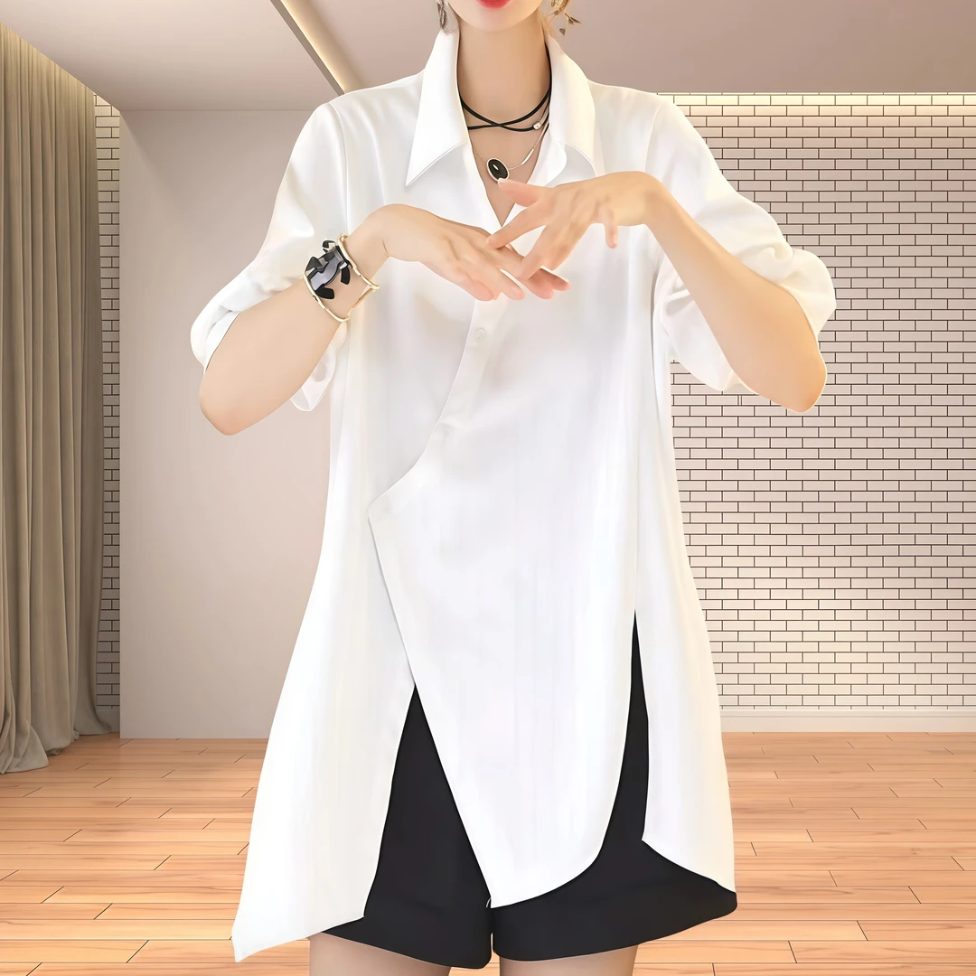 不规则中长款白色衬衫女2025春季新款欧货设计感小众收腰显瘦上衣