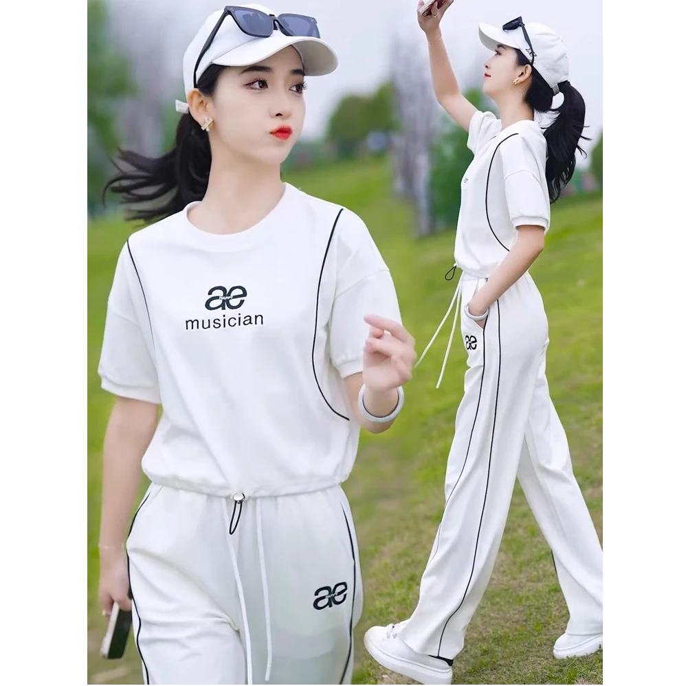 时尚休闲运动套装女2023夏季新款时髦洋气短袖上衣阔腿裤两件套潮