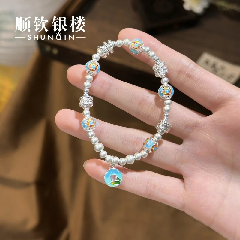 顺钦银楼 足银手链 【枕上青手链】足银999彩色国风珐琅银手链