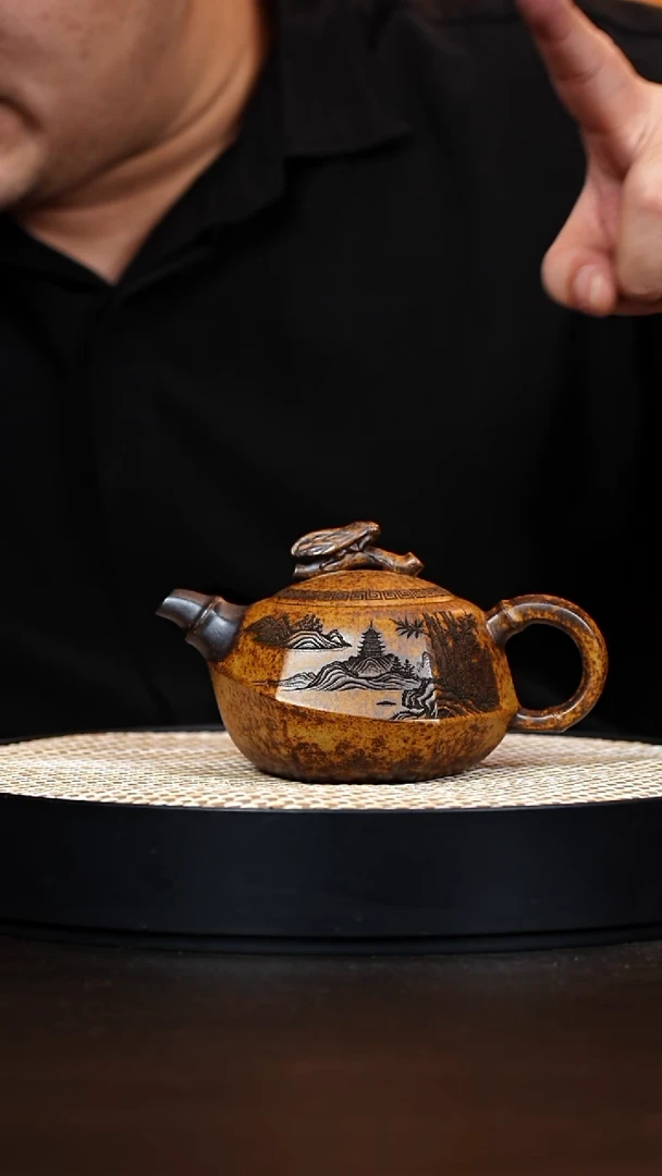 茶壶紫砂知足常乐 龙骨金砂  山水