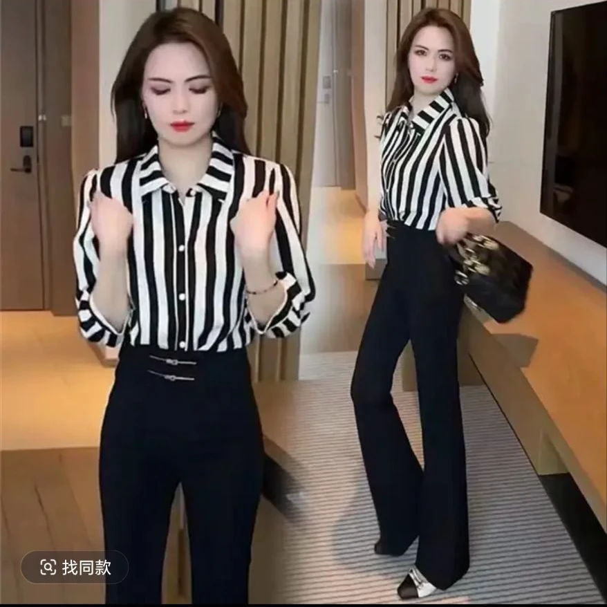 6128早春新款条纹衬衣女小衫时尚小衫气质上衣显瘦雪纺衫套印花