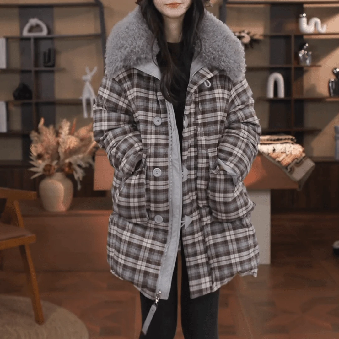 撞色格纹毛毛领棉服女冬季新款时尚宽松加厚保暖中长款双面穿外套