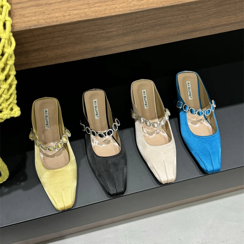 法师粗跟气质包头半拖鞋女2025新款水钻外穿气质玛丽珍单鞋