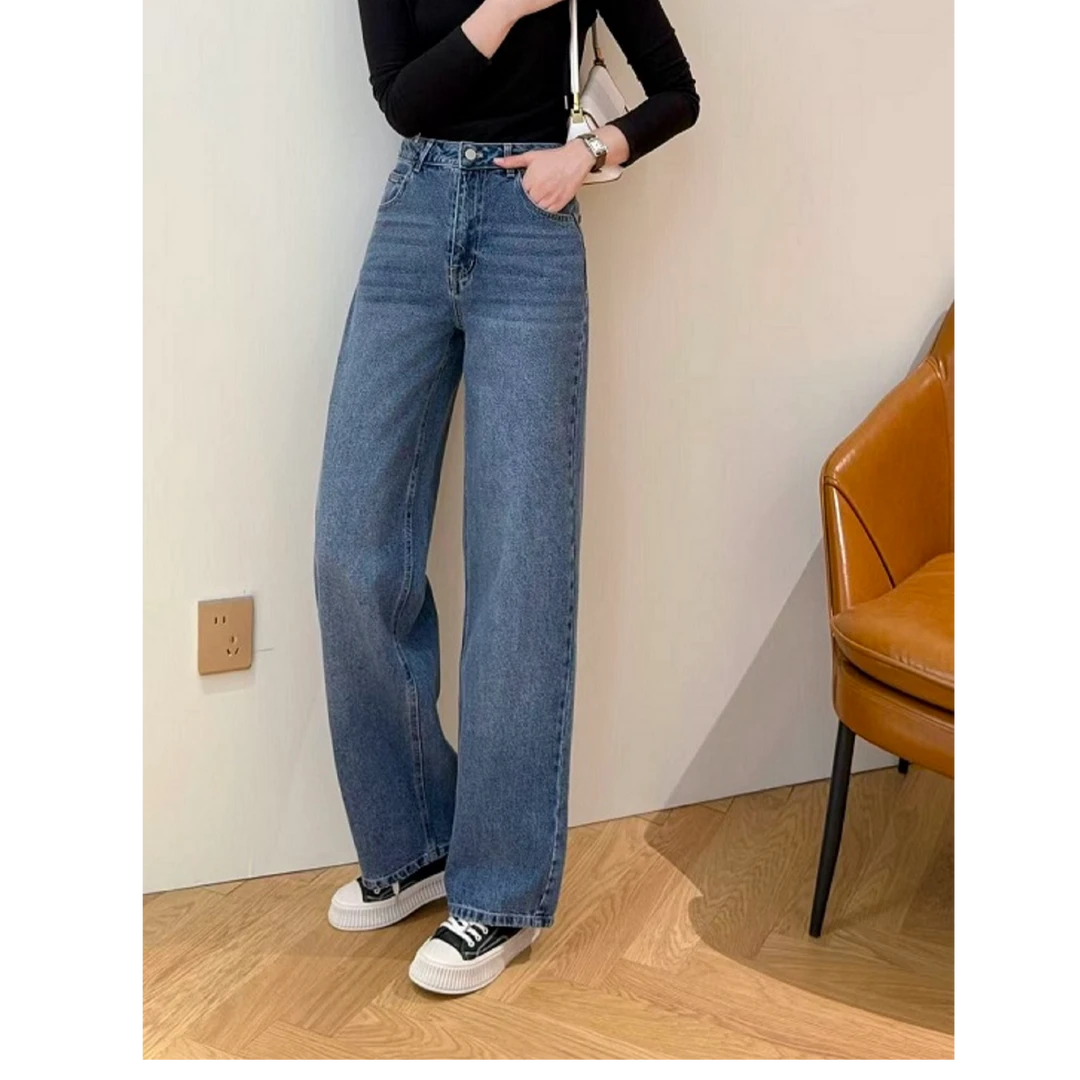 早秋纯棉阔腿裤显瘦腿长秋冬做旧水洗宽松牛仔裤高腰常规百搭