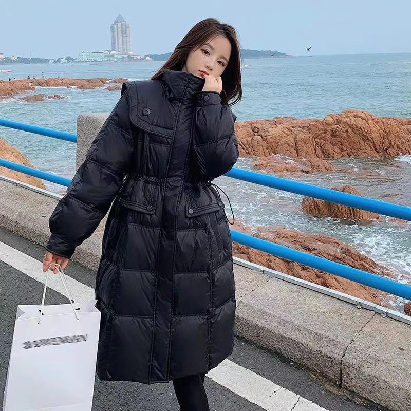 2024新款女装修身中长款羽黑色显瘦过膝外套立领C