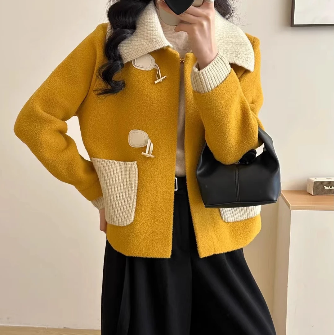 2025新款长袖秋冬毛呢外套双面短款时尚女装针织气质翻领百搭