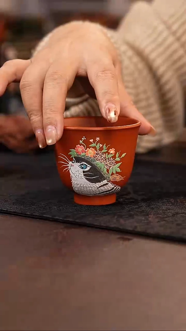 茶杯紫砂朱泥猫杯