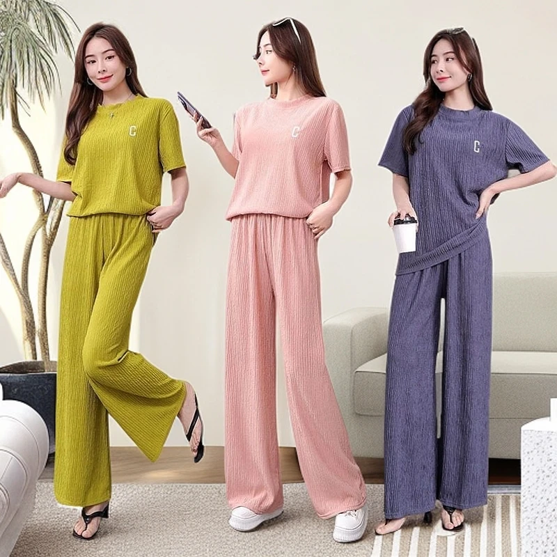 家居服褶皱刺绣套装女2025夏季短袖长裤两件套宽松休闲气质套装女