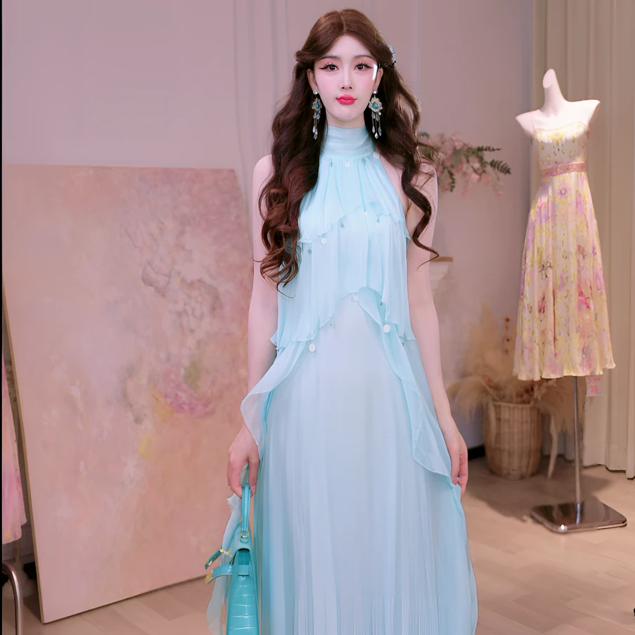 【设计师品牌】YINGCHOI 2025真丝挂脖荷叶边连衣裙 32761