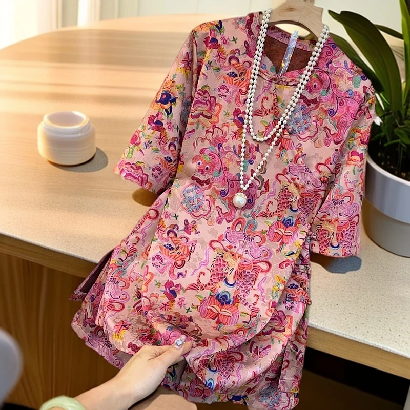 羽沐夏装法式新中式时尚套装时尚复古衬衫气质上衣短裤女士两件套