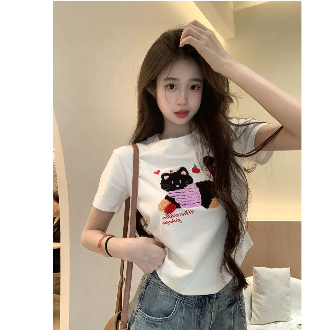 【帝韵】夏季新款猫咪刺绣短袖T恤女正肩圆领修身显瘦小众女装上衣