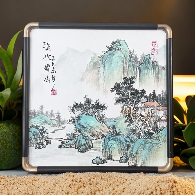 念琦手绘 宣纸带框《溪水青山》尺寸：36*36CM客厅餐厅艺术传承