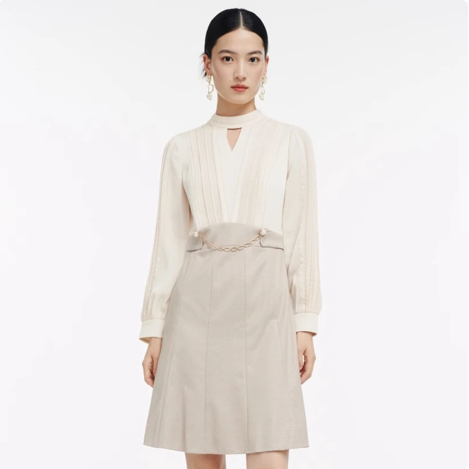 拉珂蒂三醋酸高腰连衣裙中长款拼接裙子女RF04192D1