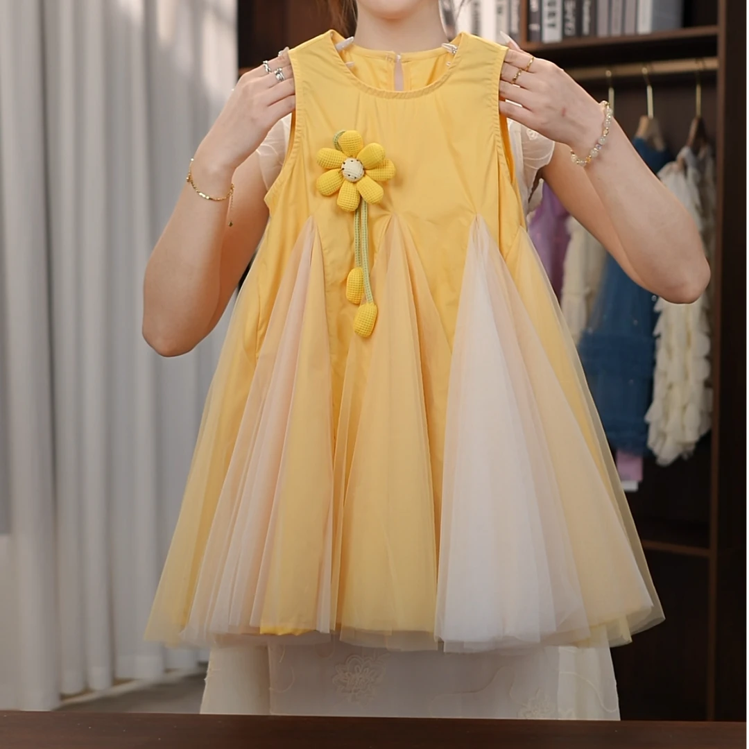 QZ005女童洋气2025拼接无袖纯棉连衣裙夏款太阳花裙女童连衣裙