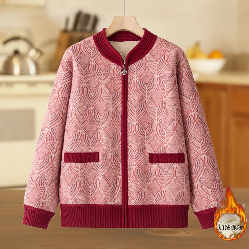 奶奶装秋冬加绒开衫毛衣女衣服中老年妈妈上衣老年人针织衫外套