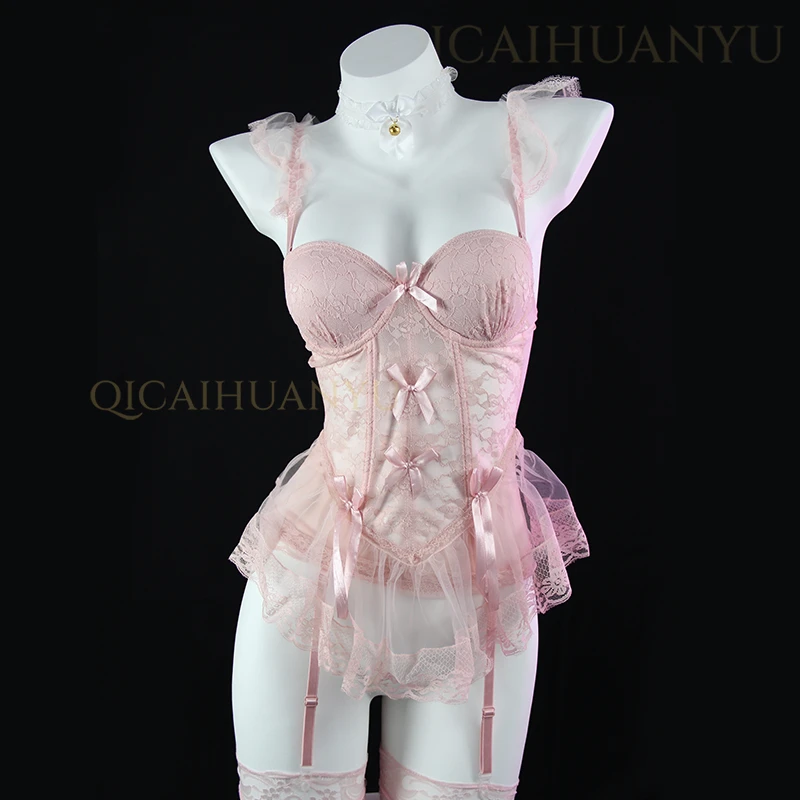 水蜜桃乌龙 粉色鱼骨胸衣纯欲风吊带睡衣战袍性感内衣女